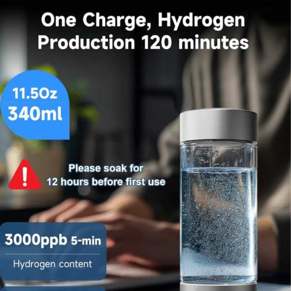 Second image of Hydrogen Water Bottle - Portable, Rechargeable, LED Timer, Aluminum and Glass, 5000 PPB Hydrogen in 10 Minutes, 340ml Capacity, for Husband, Friend & Family, for Travel, Sports, Home, Office(Grey)