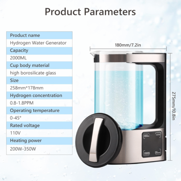 Second image of Hydrogen Water Machine Generator | 1800 PPB High Concentration, Portable Hydrogen Water Maker with SPE and PEM Technology for Home, Gym & Travel, Alkaline pH Balance Technology