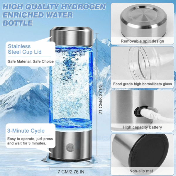 Second image of 2025 New Hydrogen Water Bottle, Rechargeable Hydrogen-Rich Water Generator Machine with SPE PEM Technology,for Home Office Travel Fitness Drinking, Portable, Glass, Stainless Steel, 450ml